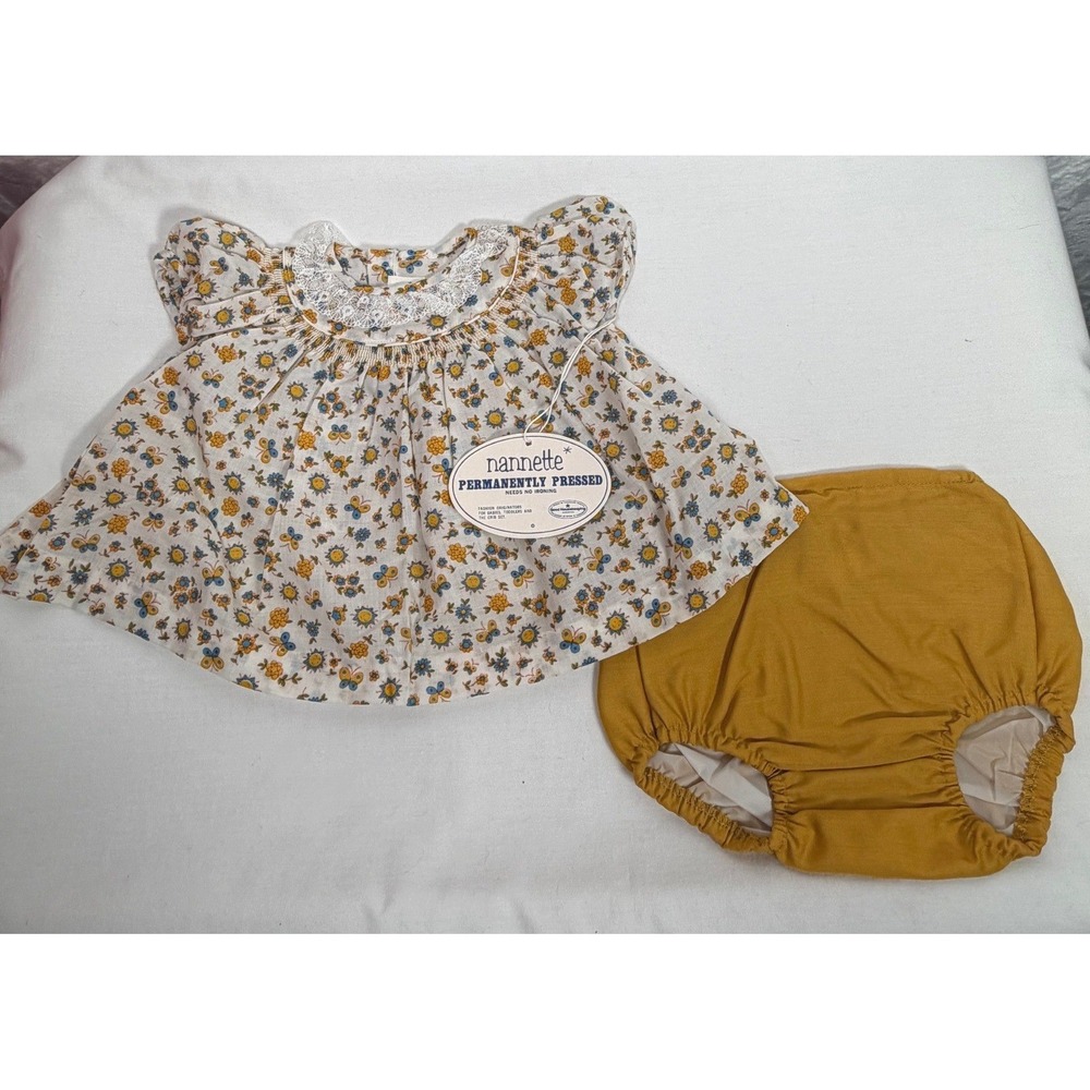 Vtg Nannette Baby Girls Floral Butterfly Smocked Top Bloomer Set Yellow M NEW